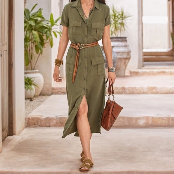 Sundance Harper Button Front Lyocell Midi Dress Olive Green Sz XS - Picture 1 of 10